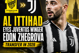 Al Ittihad officials in discussion with a picture of Juventus winger Edon Zhegrova in the background.