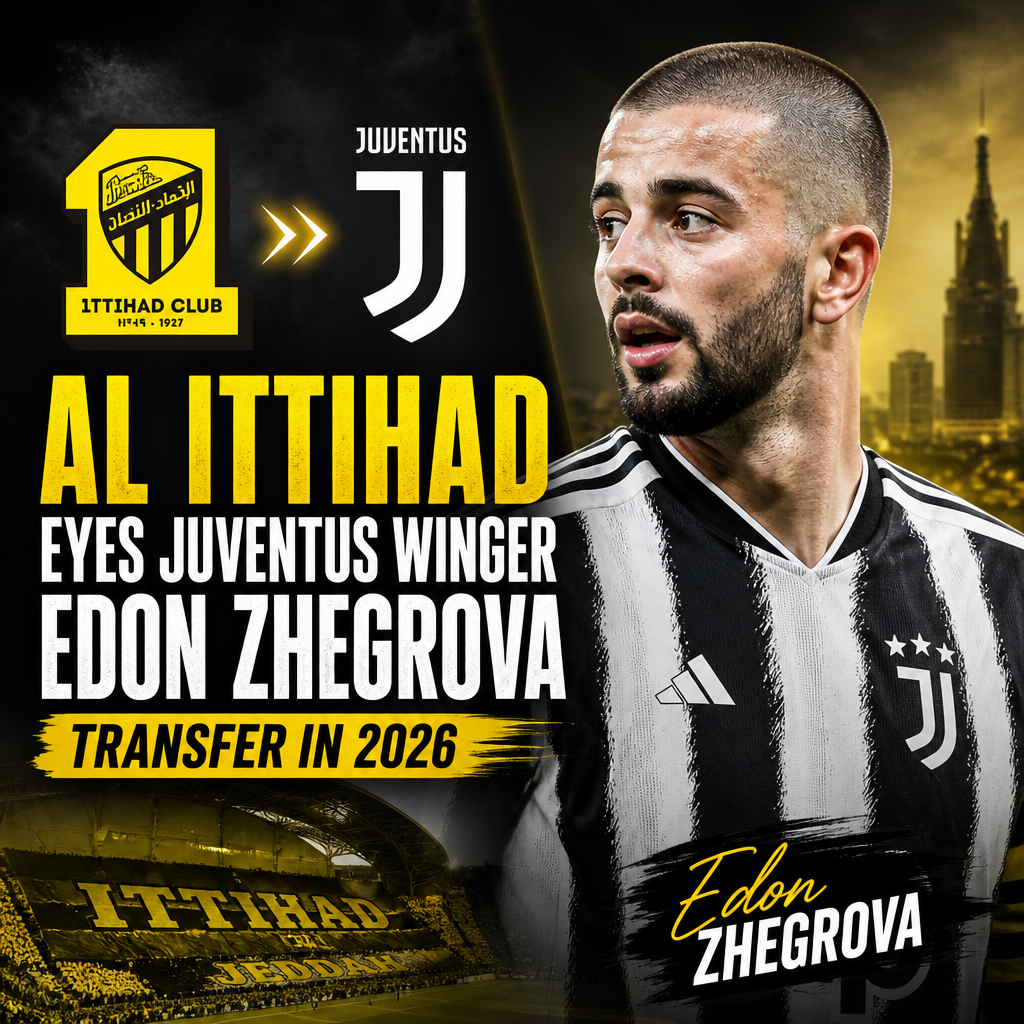 Al Ittihad officials in discussion with a picture of Juventus winger Edon Zhegrova in the background.