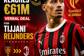 Al Qadisah and AC Milan officials shake hands celebrating Tijjani Reijnders's €61 million transfer agreement.