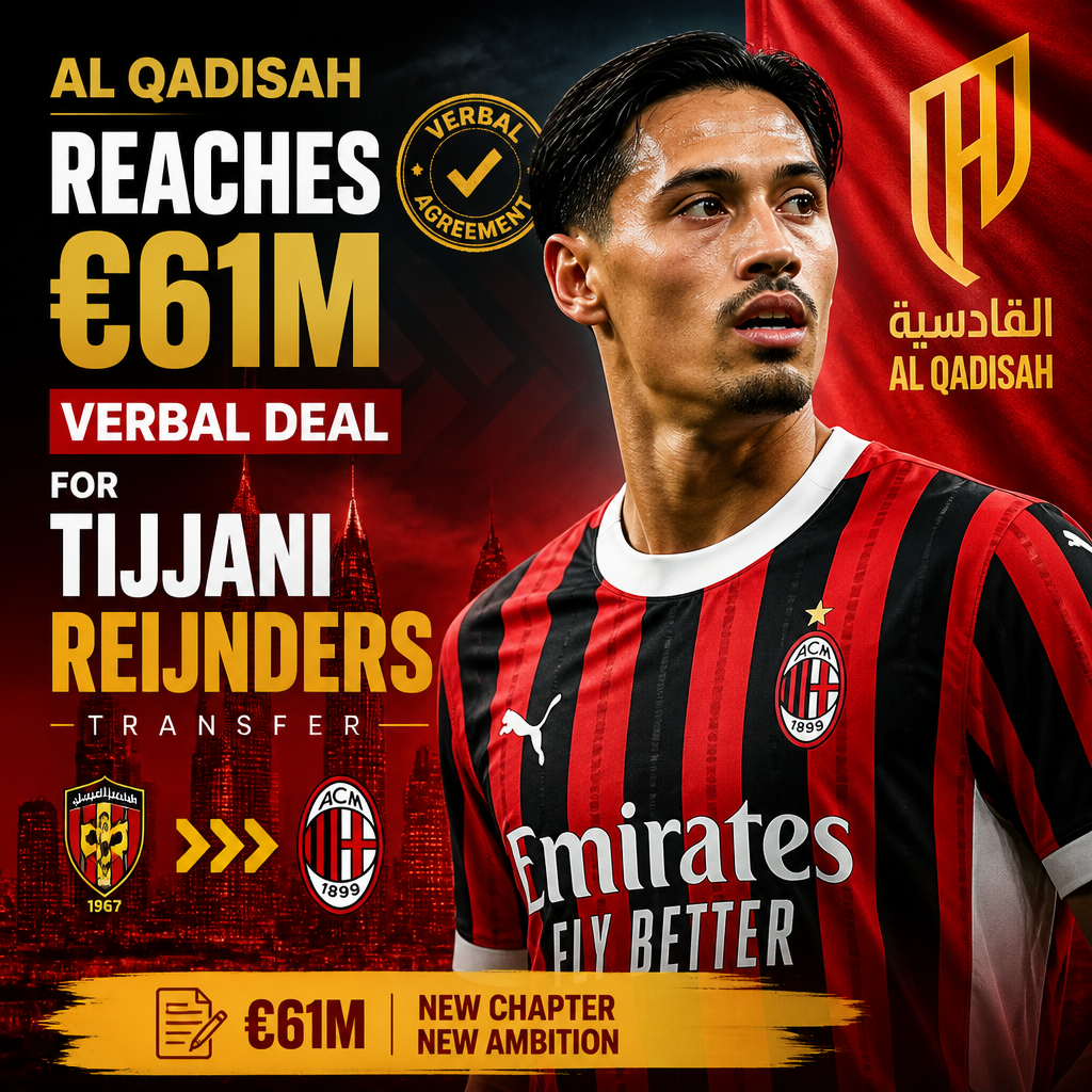 Al Qadisah and AC Milan officials shake hands celebrating Tijjani Reijnders's €61 million transfer agreement.