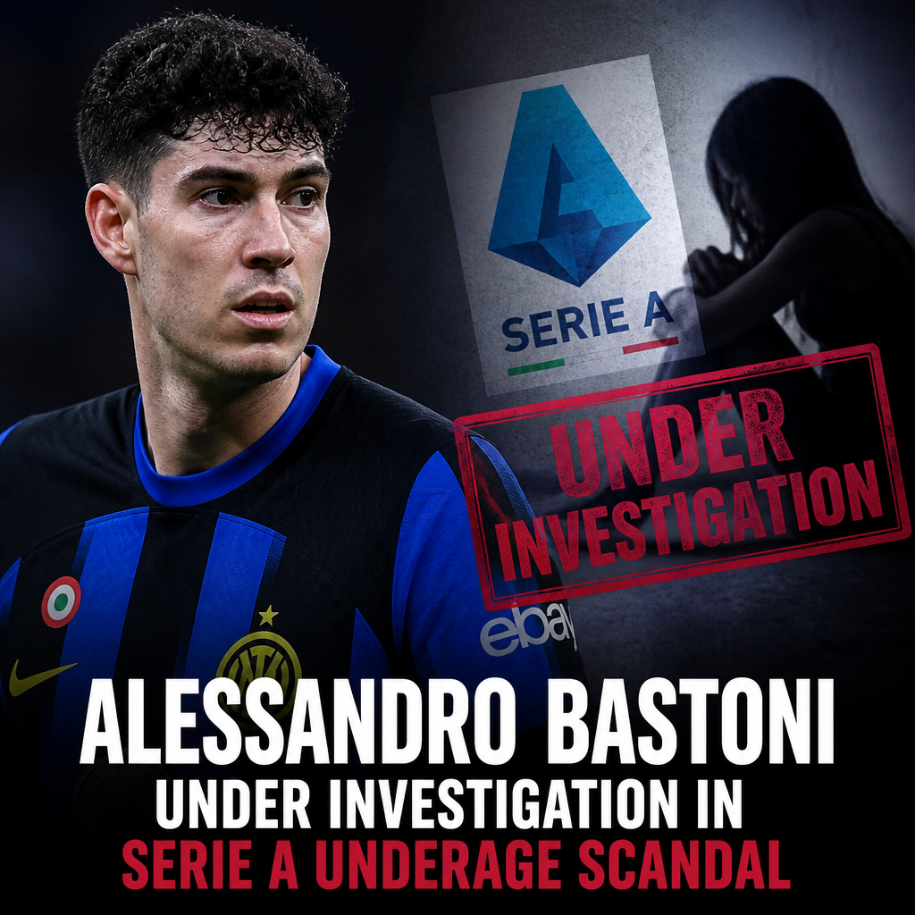 Alessandro Bastoni with Serie A logo and a red "Under Investigation" stamp indicating an underage scandal.