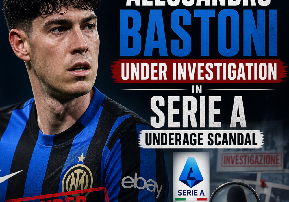 Alessandro Bastoni in Serie A kit with a serious expression, related to an underage investigation.
