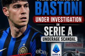 Alessandro Bastoni in Serie A kit with a serious expression, related to an underage investigation.