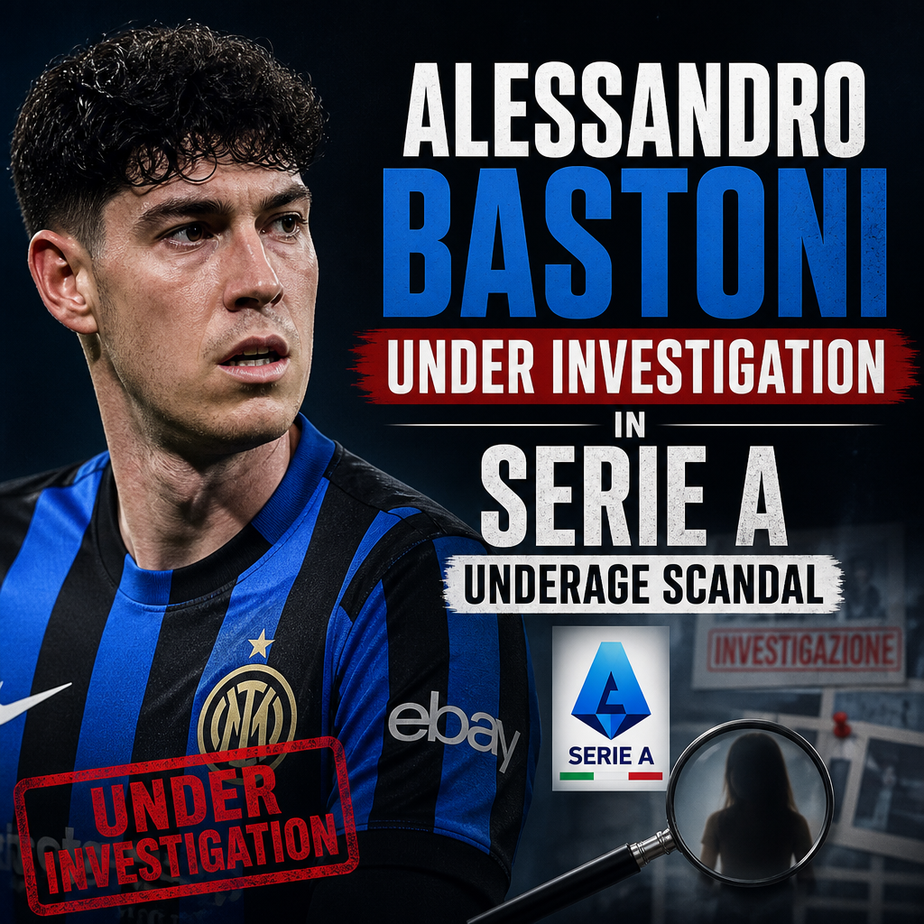 Alessandro Bastoni in Serie A kit with a serious expression, related to an underage investigation.