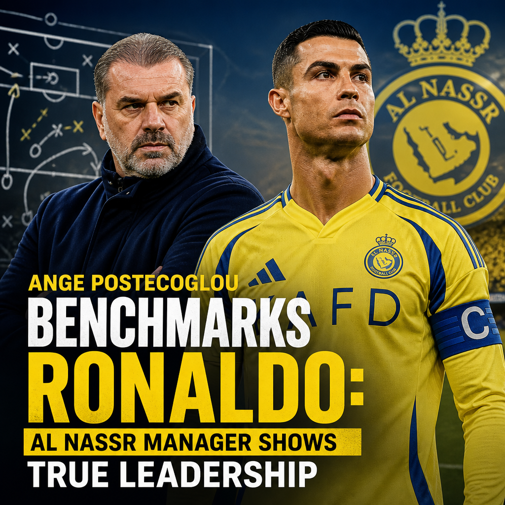Al Nassr manager Ange Postecoglou speaking on a microphone, praising Cristiano Ronaldo's leadership.