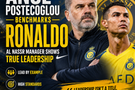 Al Nassr manager Ange Postecoglou discusses Cristiano Ronaldo's leadership qualities during a press conference.