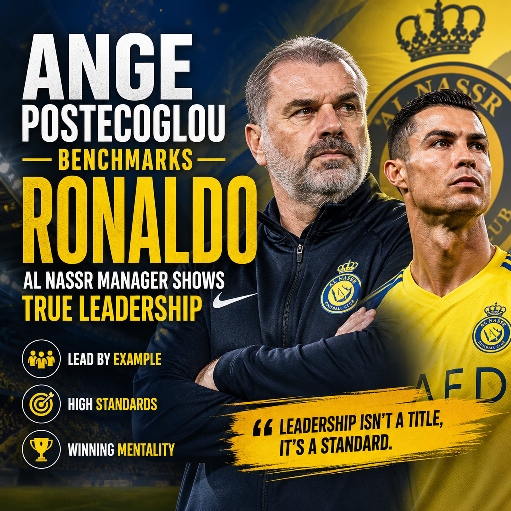 Al Nassr manager Ange Postecoglou discusses Cristiano Ronaldo's leadership qualities during a press conference.