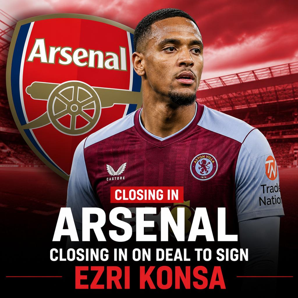 Ezri Konsa in Aston Villa kit with Arsenal and Aston Villa logos and transfer deal graphics in background.