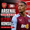 Ezri Konsa in Aston Villa kit, celebrating on the field, with Arsenal logo overlay signaling transfer news.