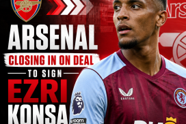 Ezri Konsa in Aston Villa kit, celebrating on the field, with Arsenal logo overlay signaling transfer news.