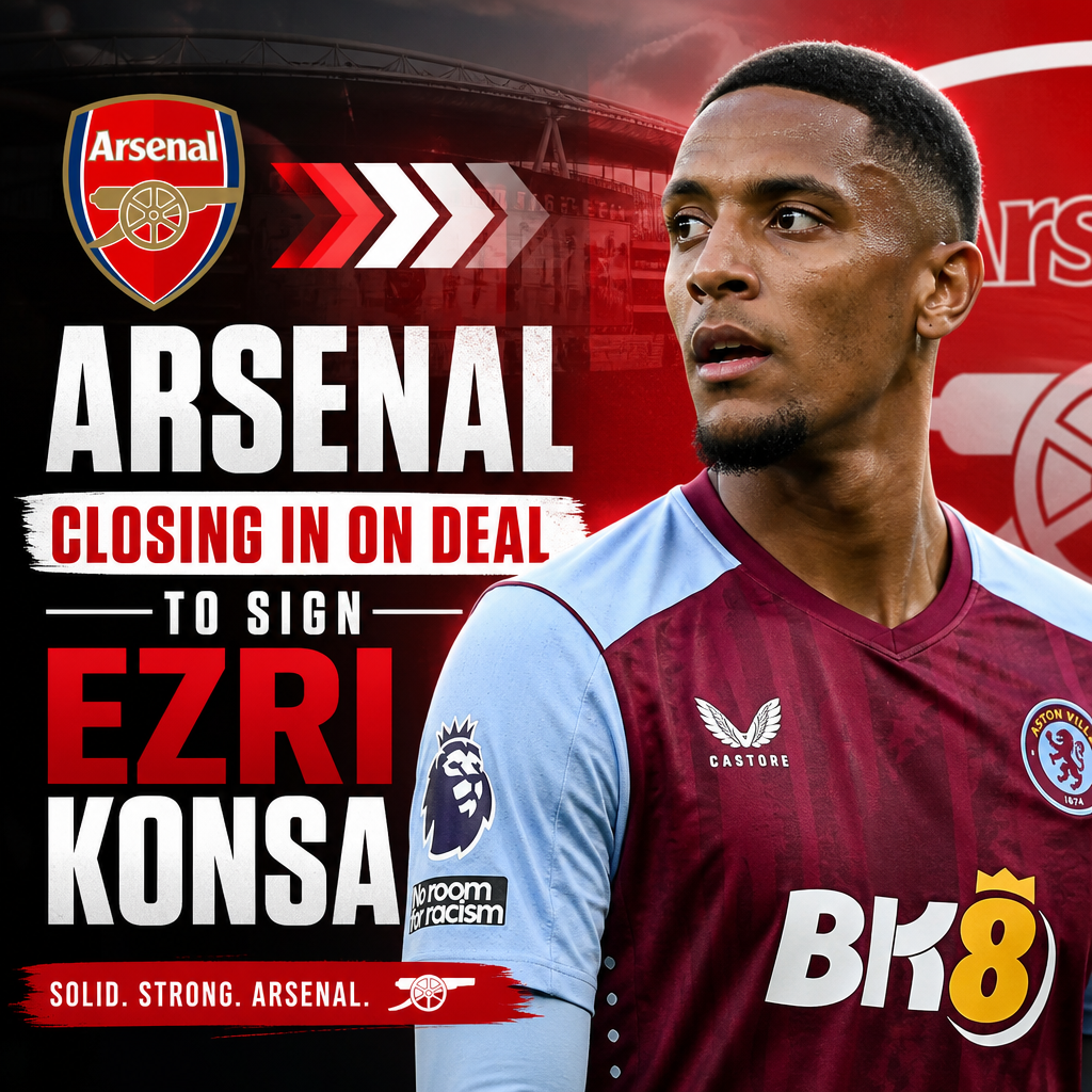 Ezri Konsa in Aston Villa kit, celebrating on the field, with Arsenal logo overlay signaling transfer news.