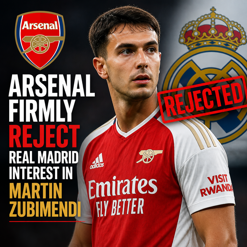 Arsenal's Martin Zubimendi in action, as club rejects Real Madrid's transfer interest.