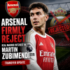 Arsenal officials shaking hands with Martin Zubimendi, rejecting Real Madrid's transfer interest.