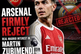 Arsenal officials shaking hands with Martin Zubimendi, rejecting Real Madrid's transfer interest.
