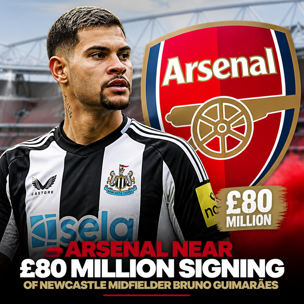 Arsenal logo layered over a blurred image of Bruno Guimarães in a Newcastle jersey, indicating a potential transfer.