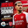 Bruno Guimarães in Arsenal kit holding a football, celebrating his nearly £80 million signing from Newcastle.