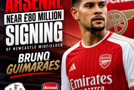 Bruno Guimarães in Arsenal kit holding a football, celebrating his nearly £80 million signing from Newcastle.
