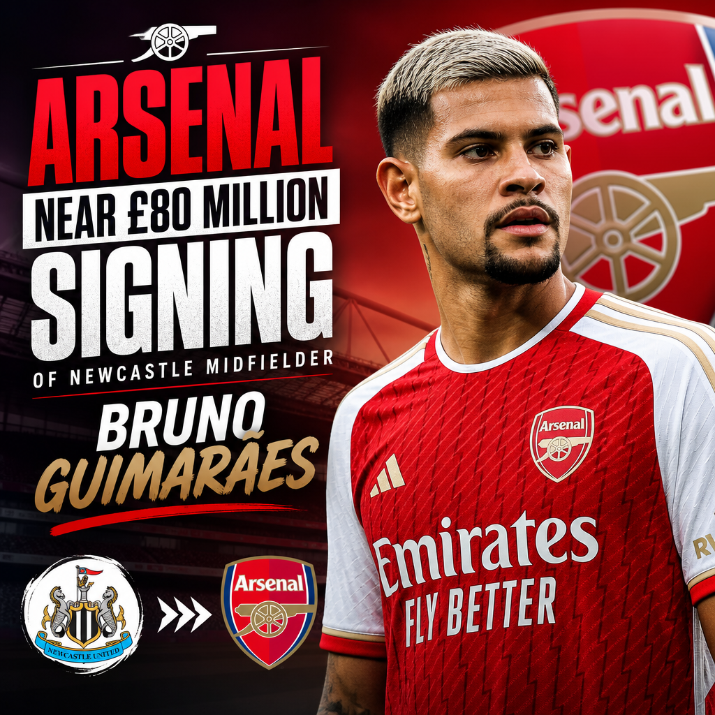 Bruno Guimarães in Arsenal kit holding a football, celebrating his nearly £80 million signing from Newcastle.