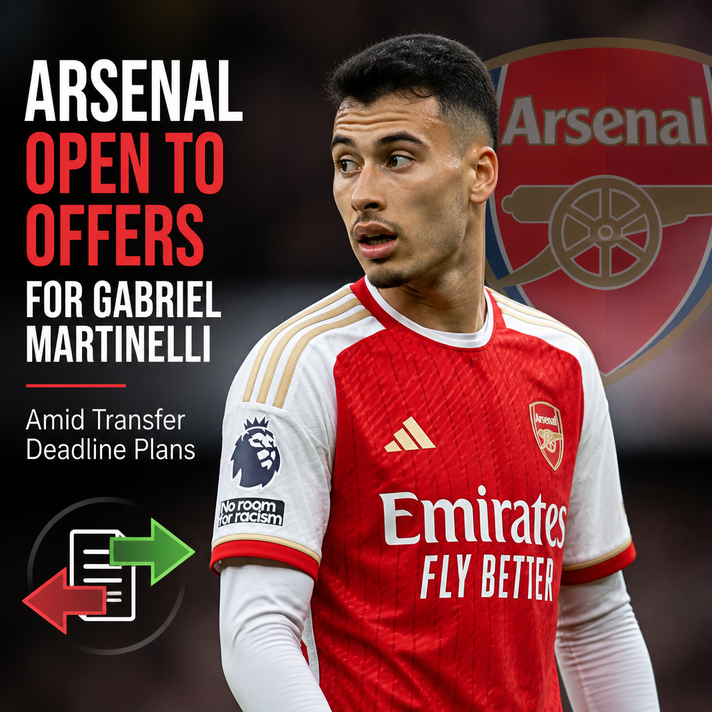 Gabriel Martinelli in Arsenal kit during a match, looking focused with a blurred crowd in the background.