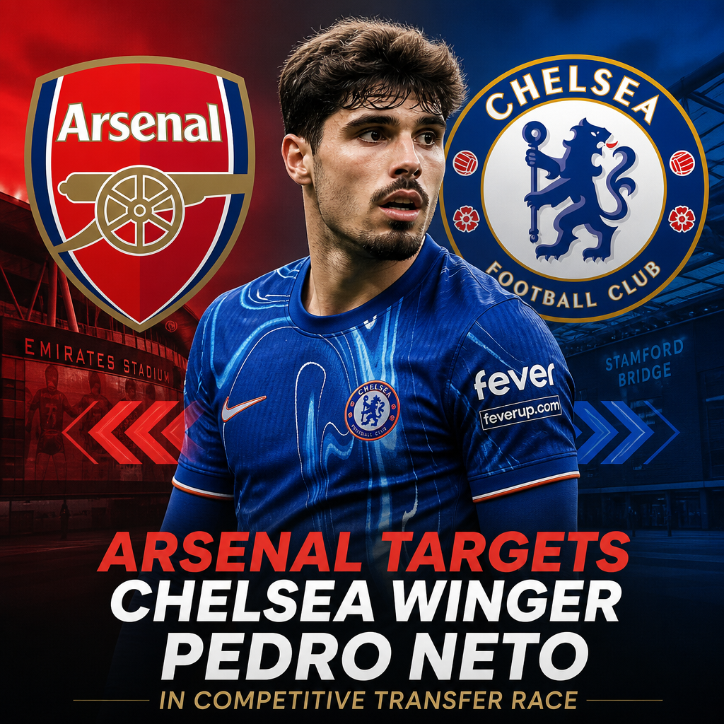 Arsenal and Chelsea players compete on the field as Pedro Neto advances with the ball during a match.