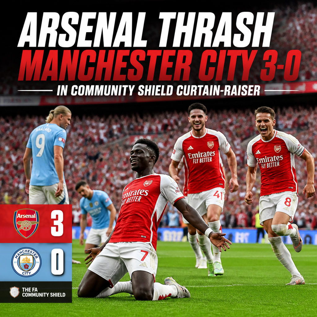 Arsenal players celebrate their 3-0 win over Manchester City in the Community Shield match.