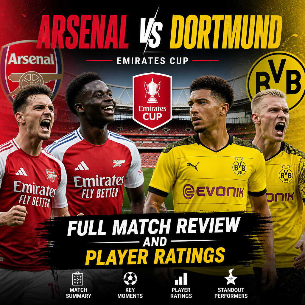 Arsenal and Borussia Dortmund players contest the ball during the Emirates Cup match.
