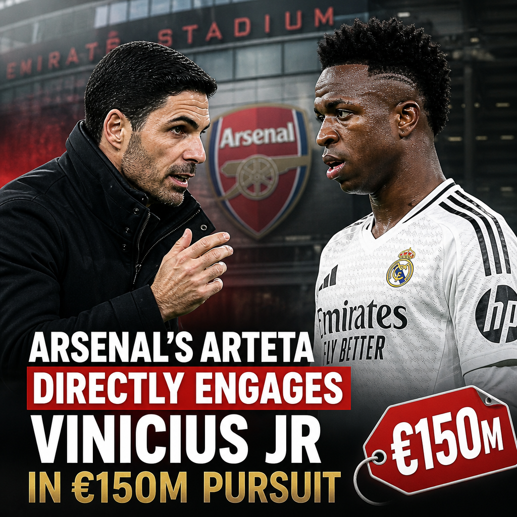 Mikel Arteta and Vinicius Jr face each other intensely during a football match, highlighting transfer interest.
