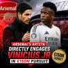 Mikel Arteta and Vinicius Jr face each other intensely during a football match, highlighting transfer interest.