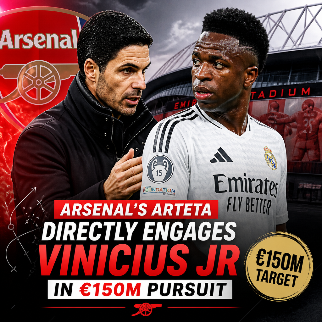 Mikel Arteta and Vinicius Jr face each other intensely during a football match, highlighting transfer interest.
