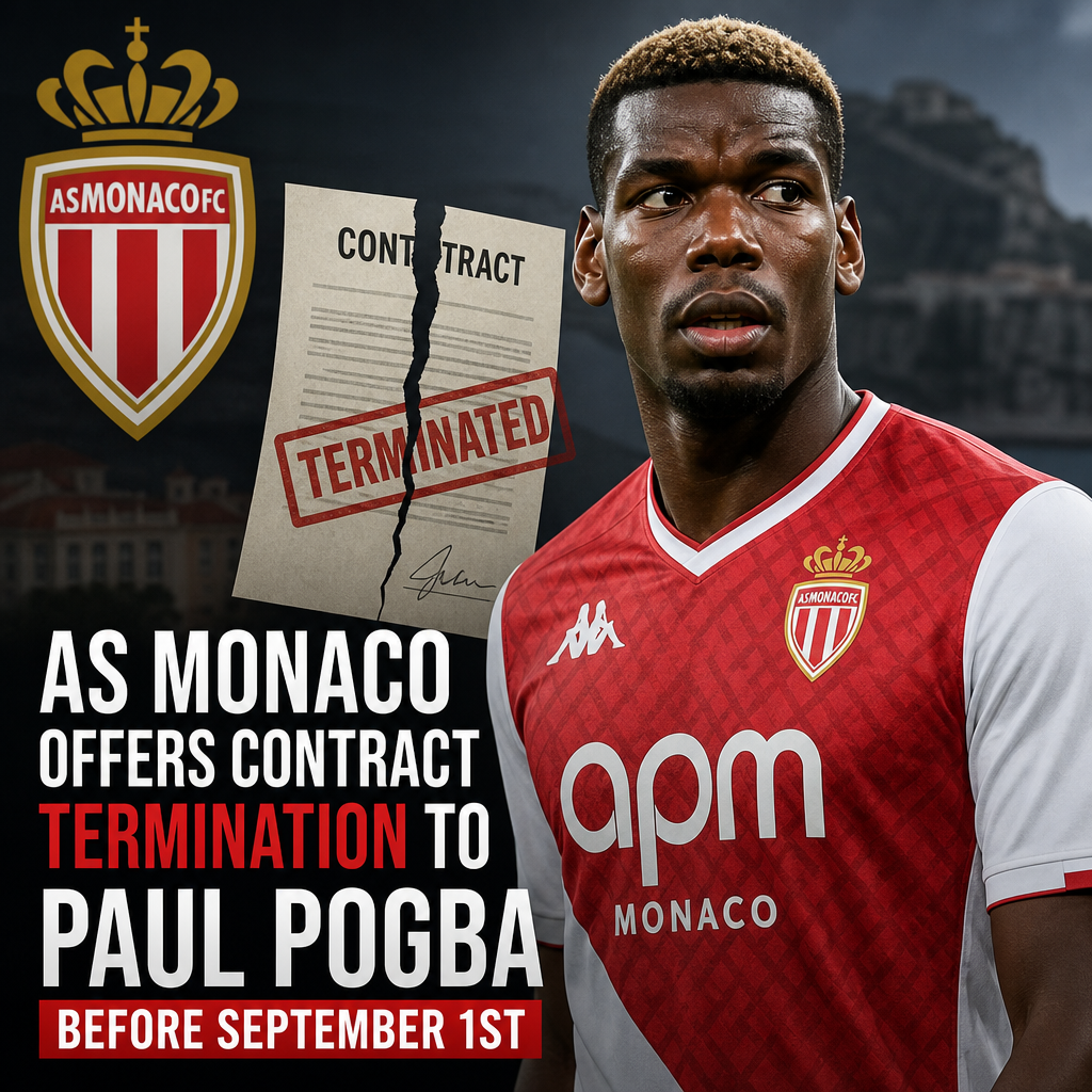 AS Monaco representative discusses contract termination with Paul Pogba in a formal meeting setting.