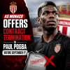 Paul Pogba in AS Monaco kit, with a contract termination offer displayed on a soccer-themed background.