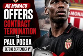 Paul Pogba in AS Monaco kit, with a contract termination offer displayed on a soccer-themed background.