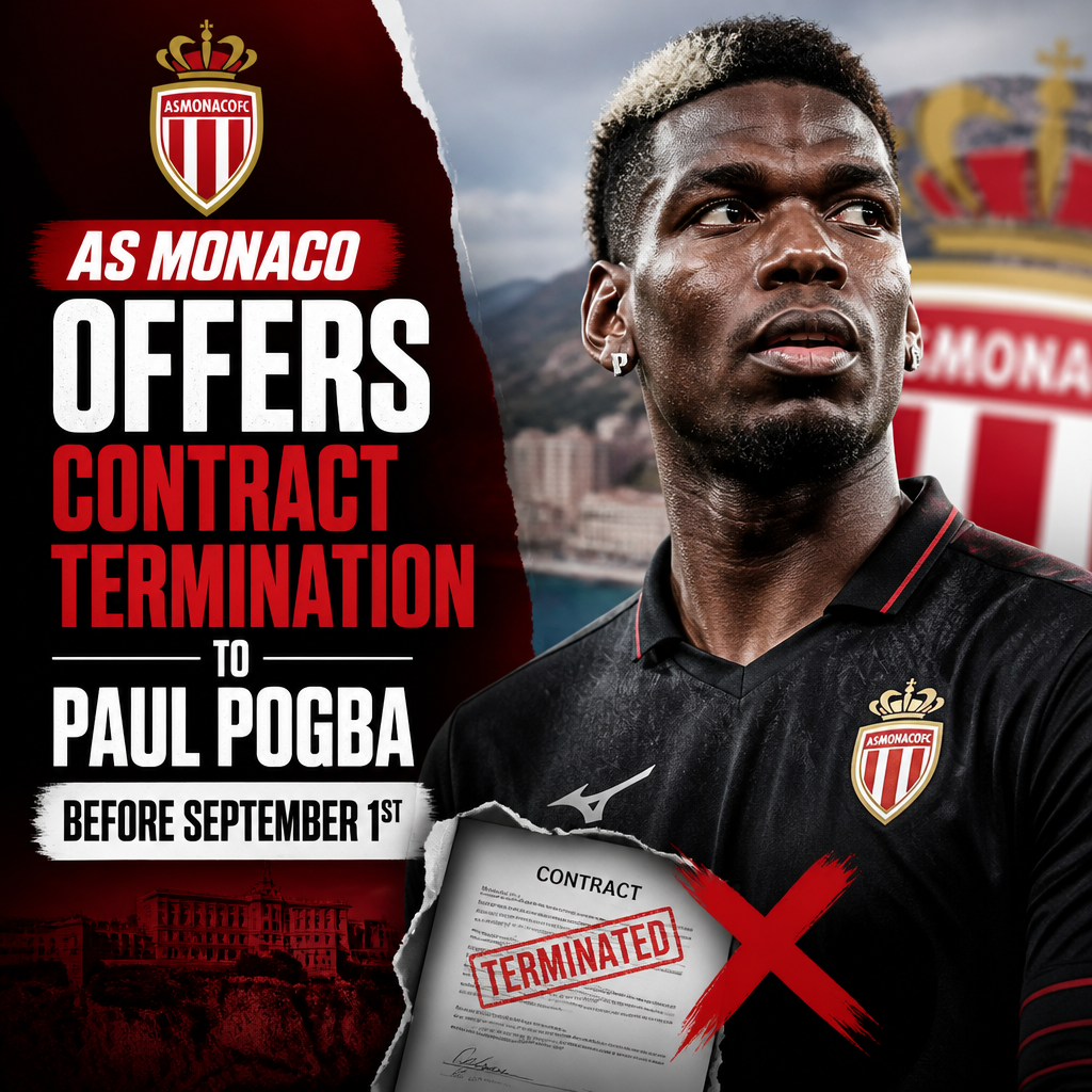 Paul Pogba in AS Monaco kit, with a contract termination offer displayed on a soccer-themed background.