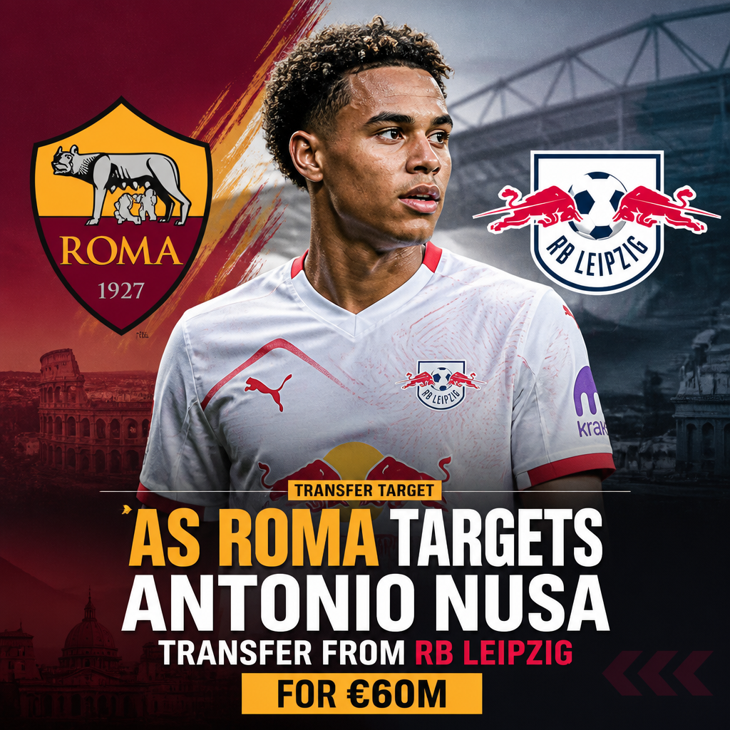 Antonio Nusa in an RB Leipzig jersey, with AS Roma logo and €60M transfer news overlay.
