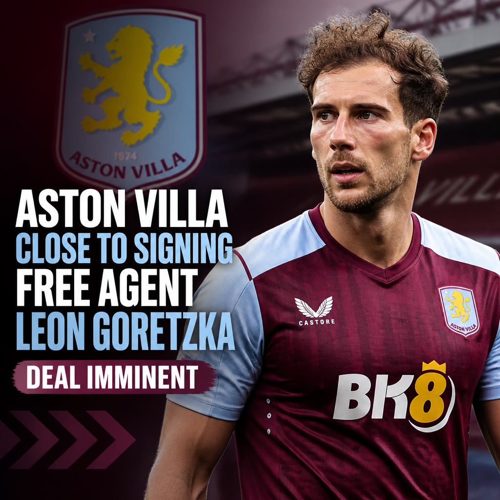 Leon Goretzka in a blue and white kit, with a background featuring Aston Villa logos and colors.