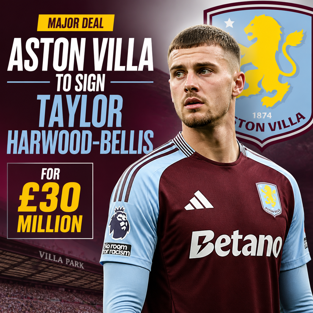 Taylor Harwood-Bellis in Aston Villa jersey holding a football in a stadium.