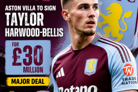 Aston Villa player Taylor Harwood-Bellis celebrates, showcasing excitement after his £30 million transfer.