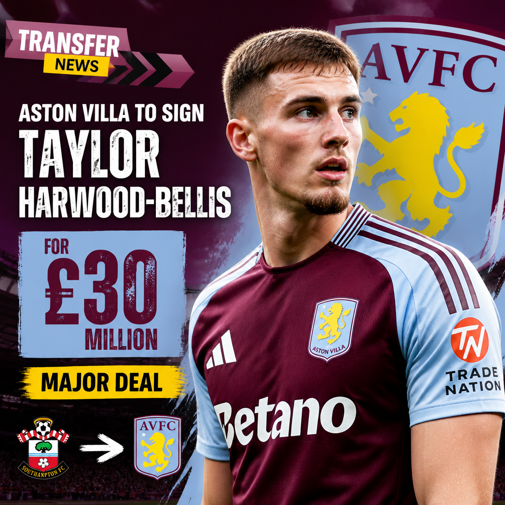 Aston Villa player Taylor Harwood-Bellis celebrates, showcasing excitement after his £30 million transfer.