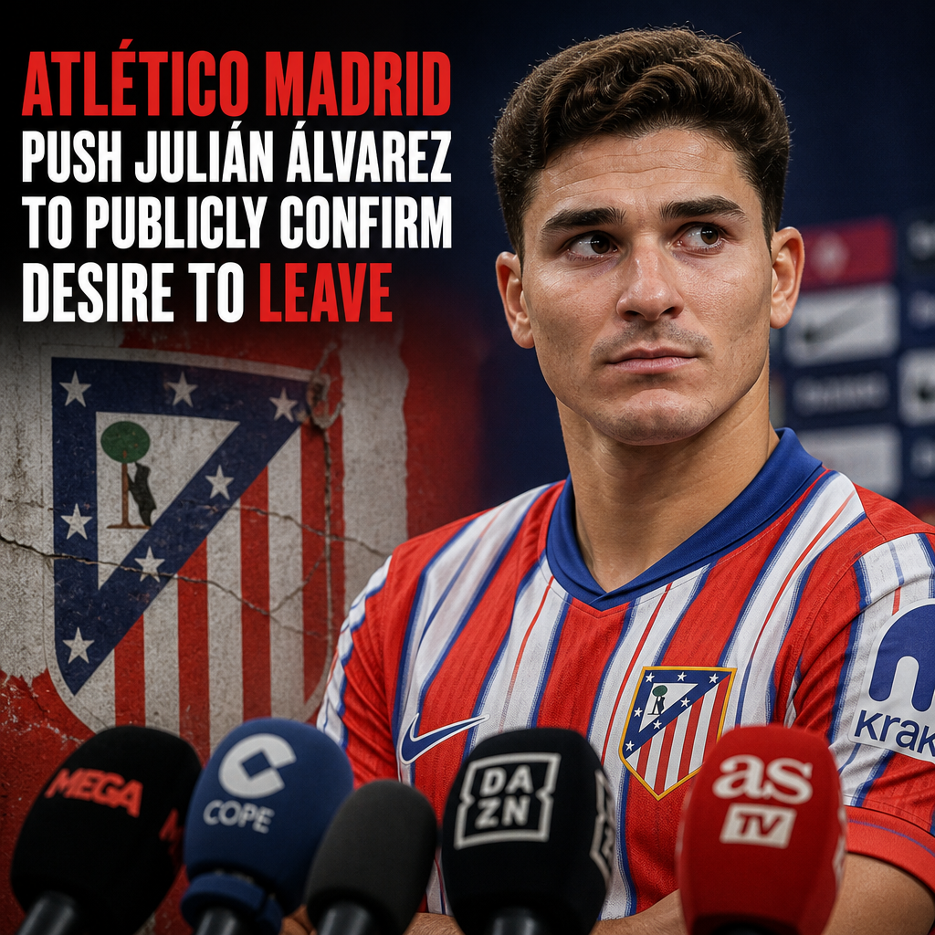Atlético Madrid's logo with a text urging Julián Álvarez to confirm his wish to leave the club.
