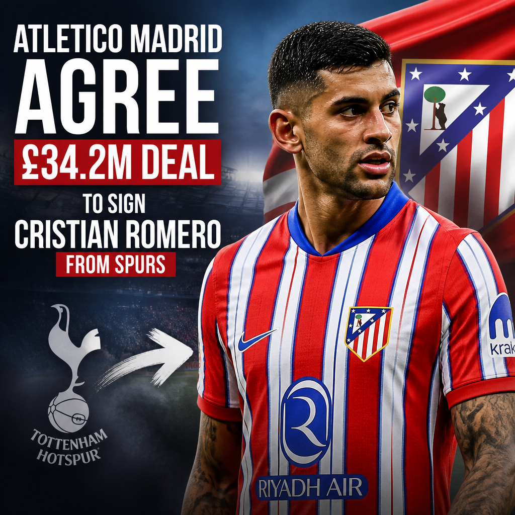 Cristian Romero in Atletico Madrid jersey celebrating, highlighting his £34.2M transfer from Tottenham Hotspur.