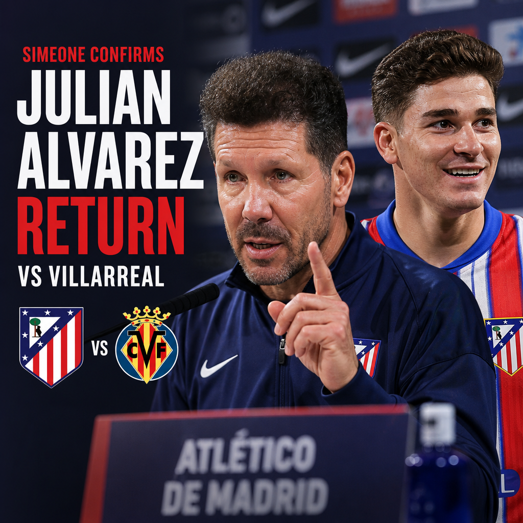 Diego Simeone speaking during a press conference, confirming Julián Álvarez's return for Atlético vs Villarreal.