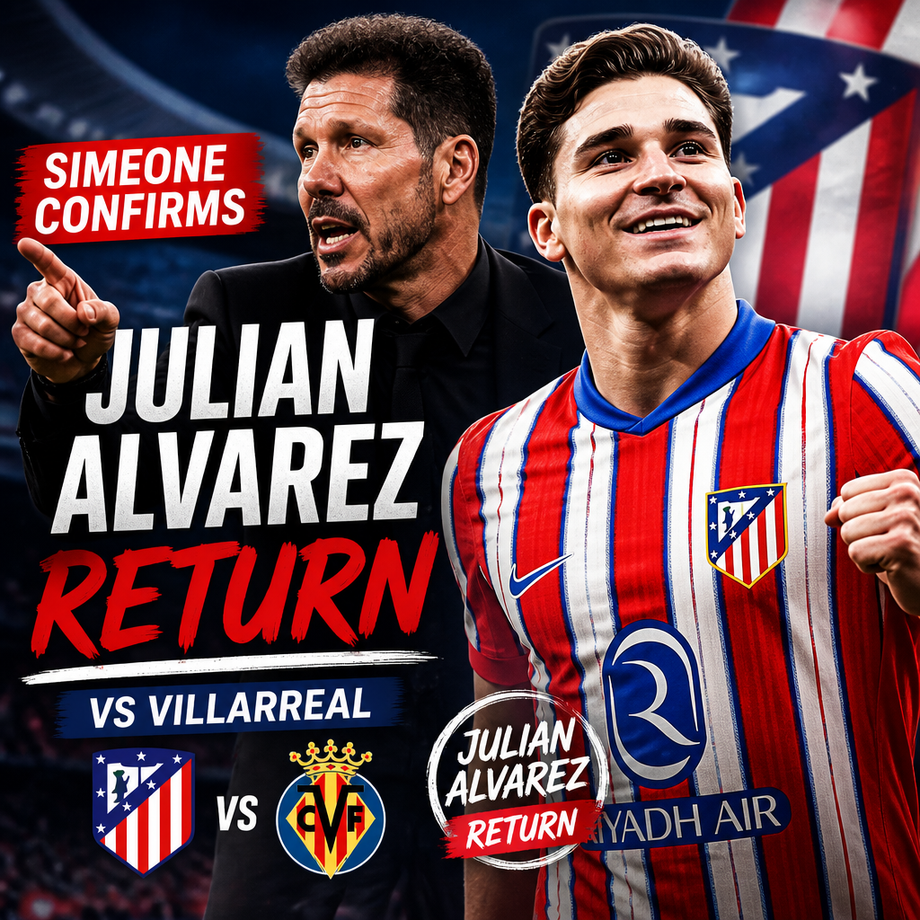 Atletico Madrid coach Diego Simeone speaking at a press conference about Julian Alvarez's return.