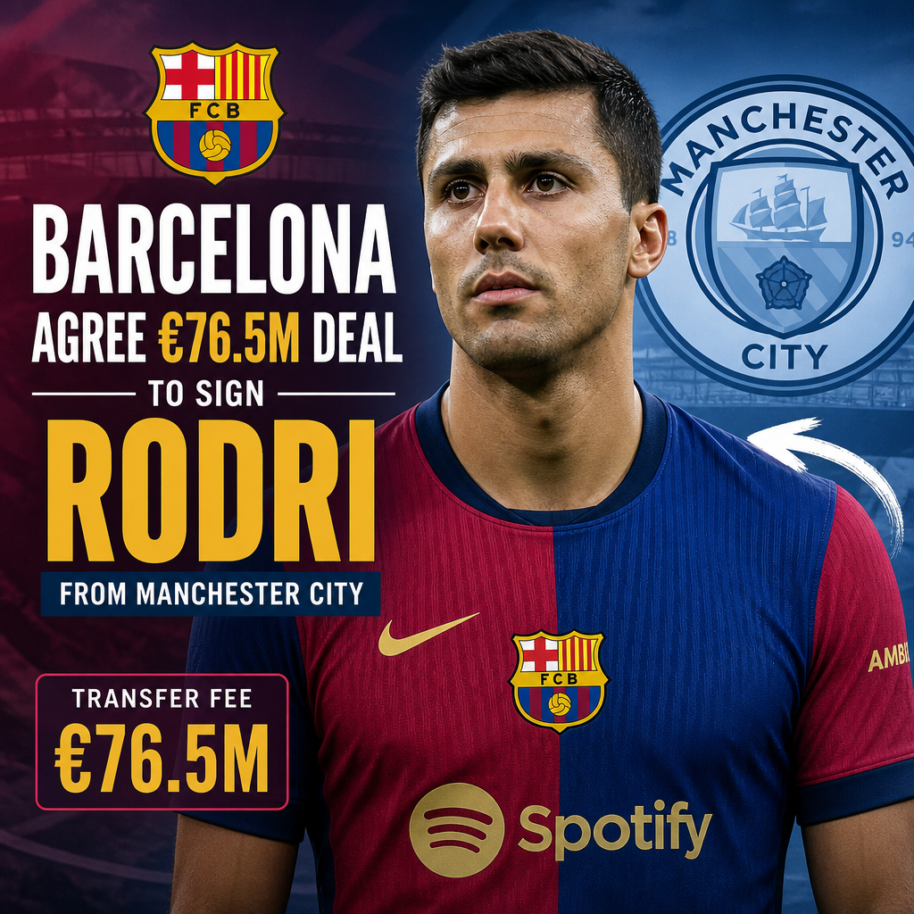 Barcelona and Manchester City officials shake hands, celebrating Rodri's €76.5M transfer agreement.