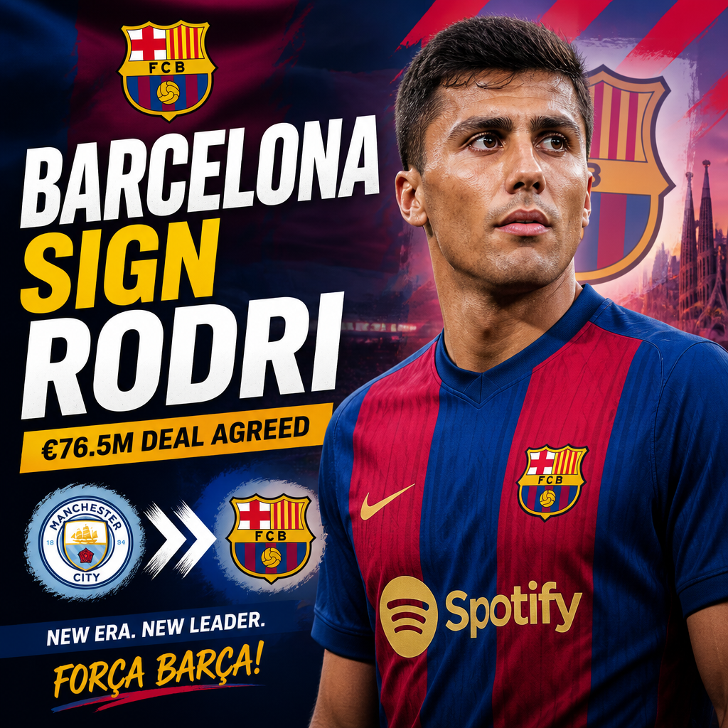 Rodri in Barcelona jersey celebrating his signing from Manchester City in a €76.5M transfer.