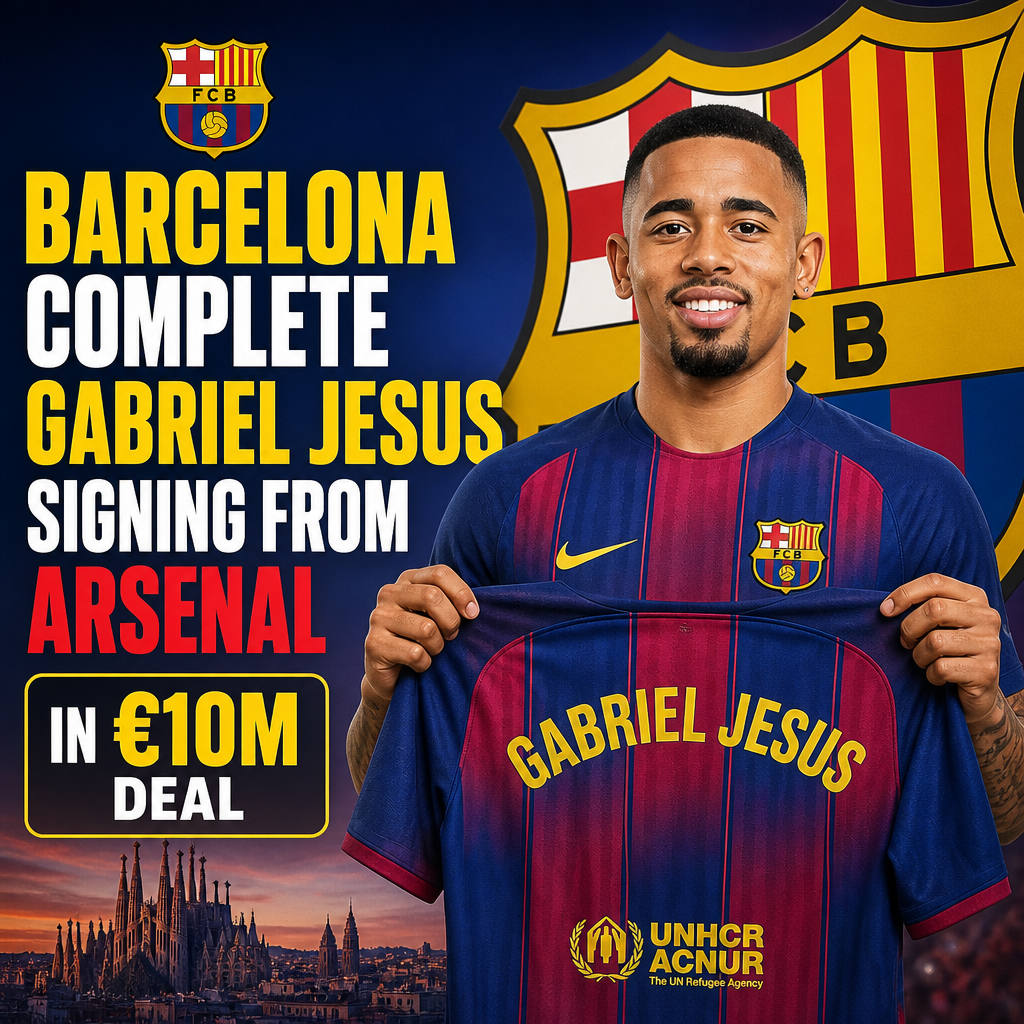 Gabriel Jesus in Barcelona jersey celebrating signing from Arsenal in a €10 million transfer.