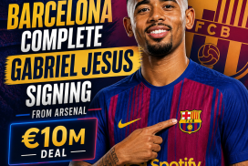 Gabriel Jesus in a Barcelona jersey holding a scarf after signing from Arsenal.