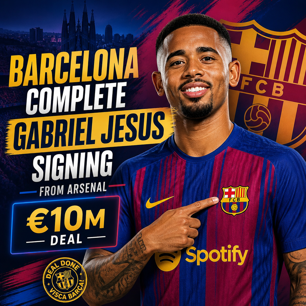 Gabriel Jesus in a Barcelona jersey holding a scarf after signing from Arsenal.