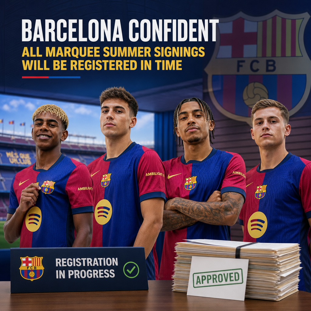 Barcelona players celebrating on the field with confident expressions during a match.