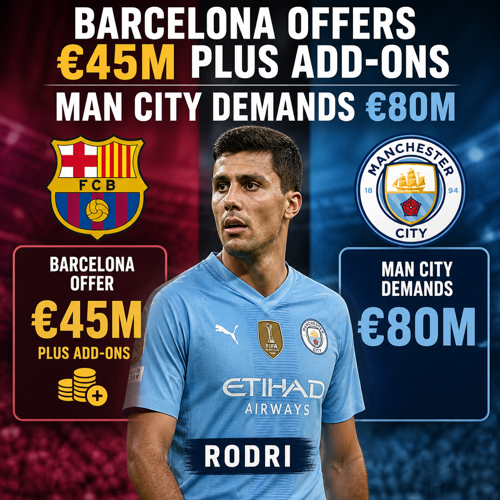 Graphic showing Barcelona's €45M offer plus add-ons for Rodri versus Manchester City's €80M asking price.