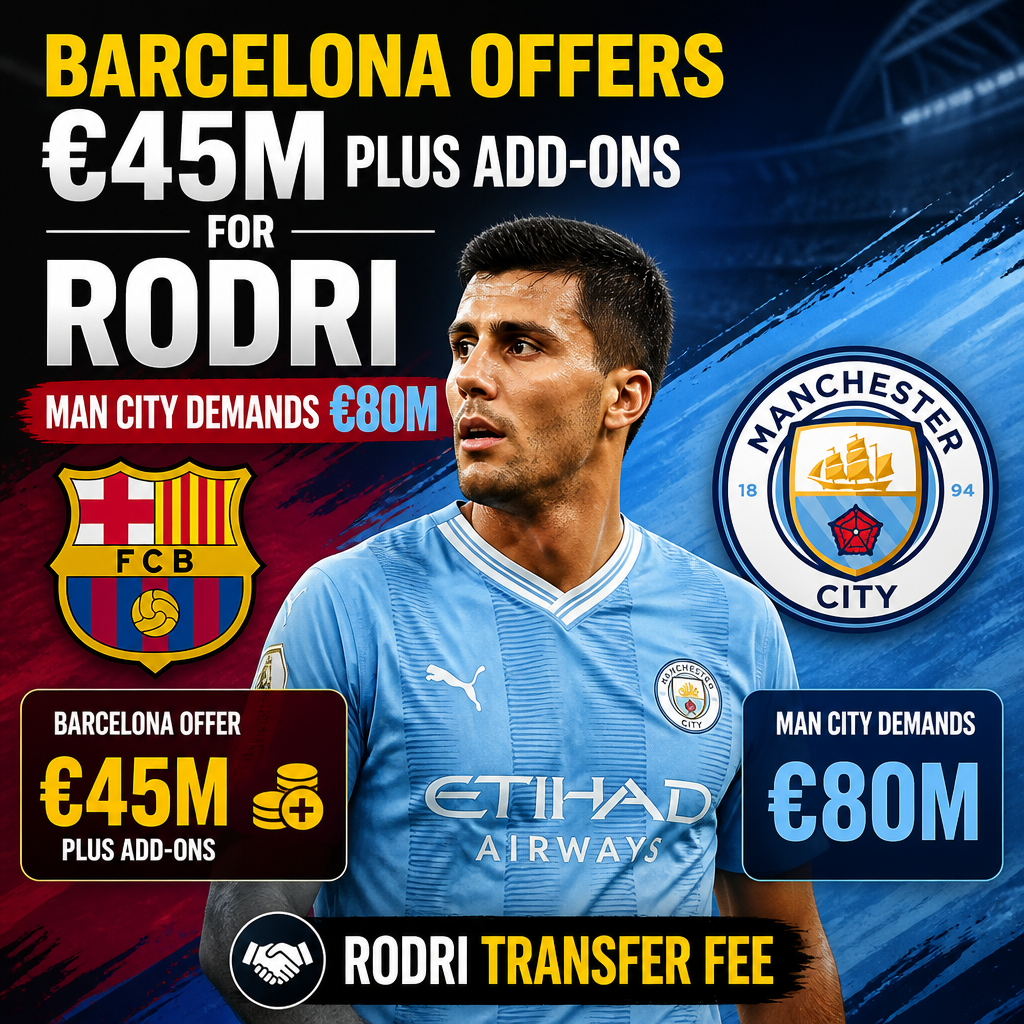 Barcelona proposes €45M plus add-ons for Rodri; Manchester City demands €80M transfer fee.